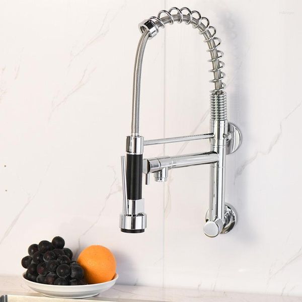 Robinets de cuisine Robinet mural Chrome/Laiton noir Robinet simple froid extractible Sortie double fonction Source d'eau 360°