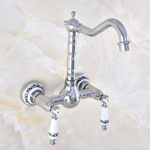 Keukenkranen Wasbasine kraan Chrome messing Dubbele handgreep Dual gat wandmontage badkamer bassin zwenk wastafel mixer kraan 2NF569