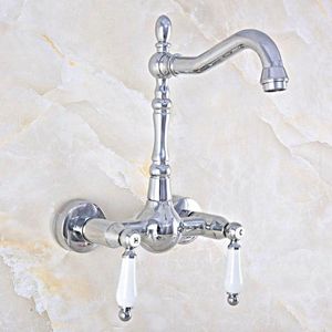 Keukenkranen Wasbasin kraan Chrome messing Dubbele hnadle Dual gat Wandbevestiging TAPS SWIVEL SPOUT badkamer wastafel mixer Tap 2NF563