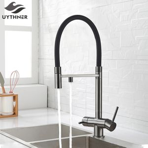 Kitchen Faucets Water Filter Faucet Dual Spout Pure Drinking Mixer Tap Rotation Purification Feature Taps Crane 230829