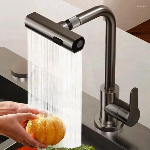 Grifos de cocina Cascada Grifo negro Extraíble Rotación Corriente Rociador Cabezal Fregadero Mezclador Grifo de agua cepillado Un solo orificio Montado en cubierta