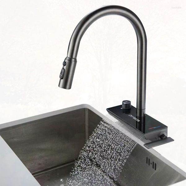 Grifos de cocina cascada saqueo de faucet fregador de grifo toque temperatura de pantalla digital inteligente múltiples modos agua de salida agua