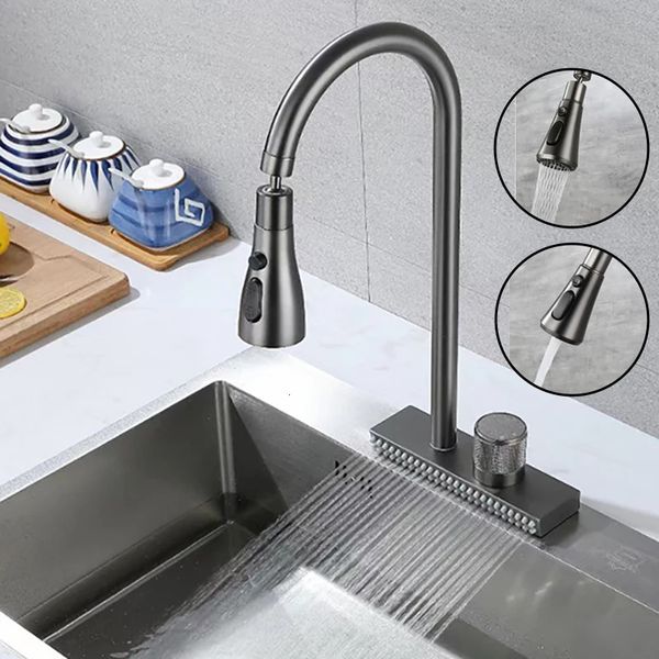 Grifos de cocina Grifo para fregadero en cascada Mezclador en frío Lavabo Múltiples salidas de agua Rotación Grifo para lluvia voladora Orificio único Negro Gris 231030