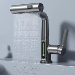 Grifos de cocina Cascada Temperatura Pantalla digital Grifo de lavabo Levantar hacia arriba Rociador de agua fría Mezclador de fregadero Grifo de lavado para baño 231026