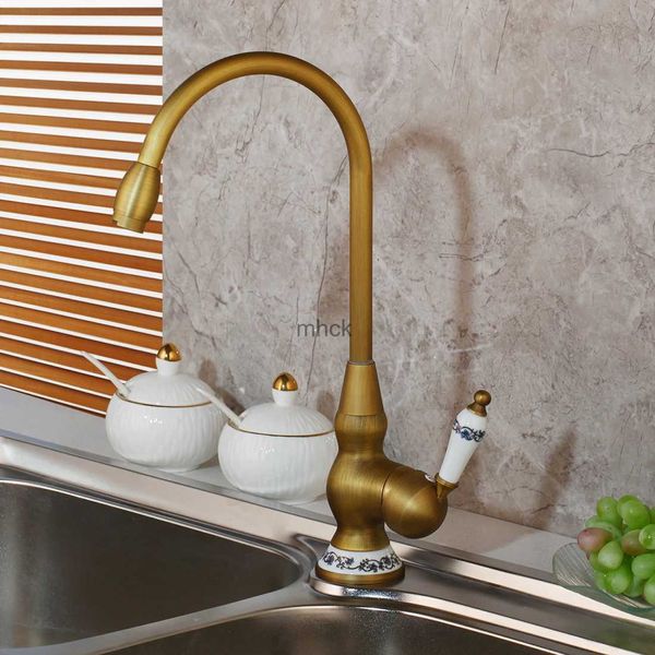 Grifos de cocina YANKSMART Mezclador giratorio Grifo de fregadero de latón antiguo Grifo de lavabo montado en cubierta de cocina Grifo de agua fría y caliente Grifos de lavabo de recipiente 240130