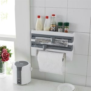 Cuisine Fresh-keeping Film Storage Rack Multi-fonctionnel Foil Barbecue Serviette En Papier Fixé Au Mur Avec Cutter 211112