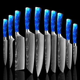 Couteau de cuisine Set 10 pièces Couteau Chef Couteau Professionnel Japonais 7Cr17 Acier inoxydable Laser Damas Couteau Sharp Santoku Blue Résine Handl