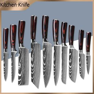 Couteaux de cuisine 1-10 pièces couteau de Chef Laser damas couteaux de cuisine en acier inoxydable japonais Santoku poisson tranchage couperet de viande outils de coupe de cuisson Q240226