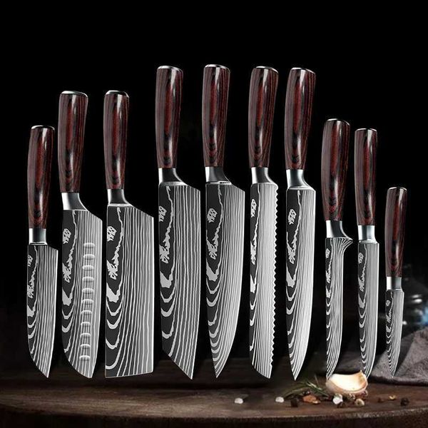 Cuchillos de cocina 1-10PCS Juego de cuchillos de chef Patrón de Damasco Cuchillos de cocina Cuchilla afilada de acero inoxidable Rebanado Santoku Cortador de cocina profesional Q240226