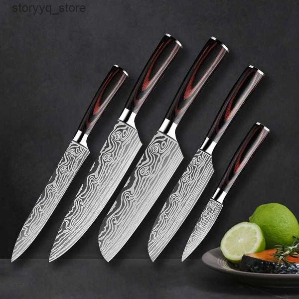 Cuchillos de cocina 5PCS Juego de cuchillos de chef Cuchillos de cocina afilados de acero inoxidable Cuchillo Santoku japonés Patrón láser Cleaver Slicing Cuchillos utilitarios Q240226