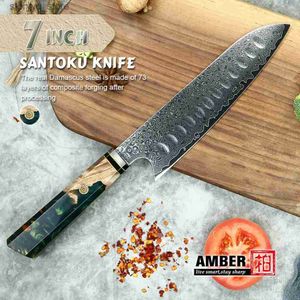 Couteaux de cuisine AMBER 7 pouces couteau Santoku 67 couches VG10 couteaux de cuisine en acier damas résine époxy manche en bois stabilisé couteau japonais Q240226