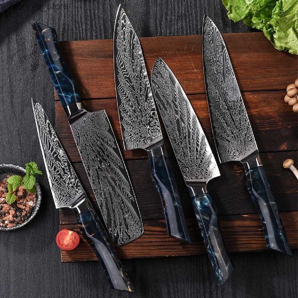 Cuchillos de cocina ÁMBAR 73 capas Damasco Acero Cuchillos de cocina profesionales Resina Mango de madera Japonés Kiritsuke Santoku Chef Cuchillo utilitario Q240226