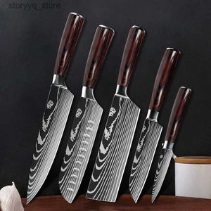 Keukenmessen Koksmes Set Sharp 7CR17 Roestvrij Staal Laser Damascus Patroon Keukenmessen Santoku Vleesmes Fruit Snijden Kookgereedschap Q240226