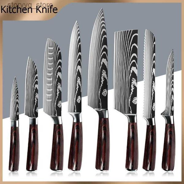 Cuchillos de cocina Juego de cuchillos de chef Láser de acero inoxidable Patrón de Damasco Cuchillos de cocina Cuchillo japonés Santoku Cuchillo de carnicero Rebanado de frutas Q240226