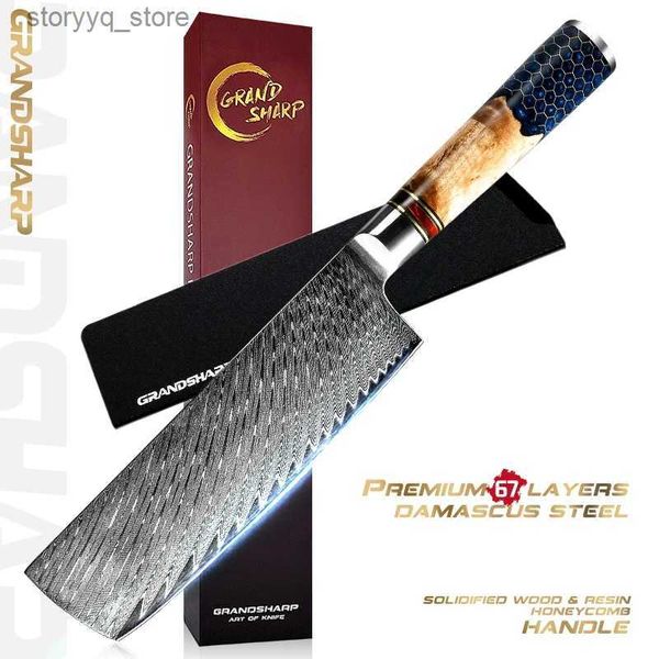 Cuchillos de cocina Grandsharp Cuchillo de cocina profesional Japonés Nakiri 7 pulgadas Damasco japonés Acero inoxidable Chef Verduras Herramienta de corte Q240226