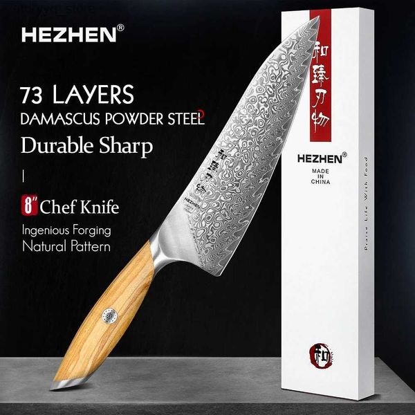 Couteaux de cuisine HEZHEN 8 pouces couteau de chef 73 couches damas poudre acier couverts de cuisine manche en bois d'olivier boîte-cadeau outils de cuisine Q240226