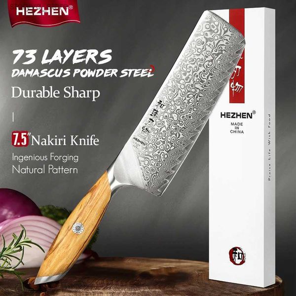 Couteaux de cuisine HEZHEN série phare 7 pouces couteau Nakiri 73 couches acier damas noyau en acier en poudre manche en bois d'olivier outils de cuisine Q240226