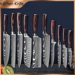 Cuchillos de cocina Cuchillos de cocina 7CR17 440C Cuchillo de acero inoxidable Láser Damasco Patrón Japonés Santoku Cleaver Slicing Utility Chef Knife Set Q240226