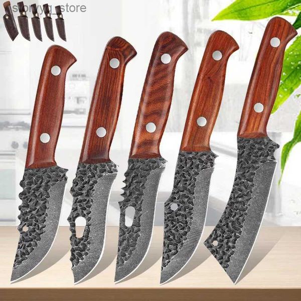 Cuchillos de cocina Multifuncional Hecho a mano Carnicero Cuchillo de carne Cuchillo de hueso con vaina Acero inoxidable Fruta Pescado Cuchillos para deshuesar Herramienta para barbacoa Q240226