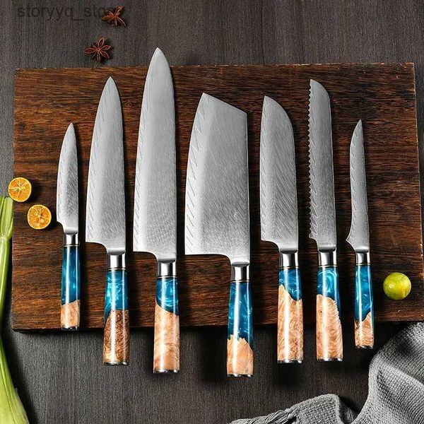 Cuchillos de cocina Mango de madera estabilizado de resina 67 capas Damasco Acero Cocina Chef Estilo japonés Juego de cuchillos de bayoneta Q240226