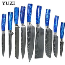 Ensemble de couteaux de cuisine, manche en résine bleue, Chef LNIFE Laser motif EAMASCUS japonais en acier inoxydable Santoku couperet outils de tranchage 2443