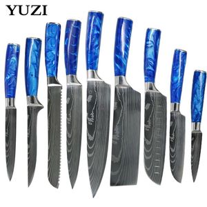 Juego de cuchillos de cocina Mango de resina azul Chef LNIFE Láser EAMASCUS Patrón Japonés Acero inoxidable Santoku Cleaver Slicing tools3108