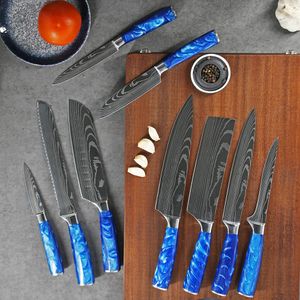 Juego de cuchillos de cocina con mango de resina azul, cuchillo de Chef con patrón láser de Damasco, herramientas para cortar Santoku de acero inoxidable japonés