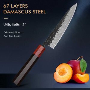 Couteaux de cuisine TURWHO couteau utilitaire de 5 pouces 67 couches couteaux de Chef en acier damas éplucher les fruits coupe la viande couteau de cuisine pratique Q240226