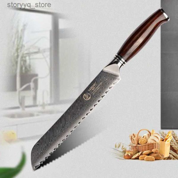 Couteaux de cuisine Yarenh Couteau à pain dentelé de 8 pouces - 73 couches de couteaux de chef japonais en acier inoxydable de Damas - Idéal pour trancher des bagels et des gâteaux Q240226