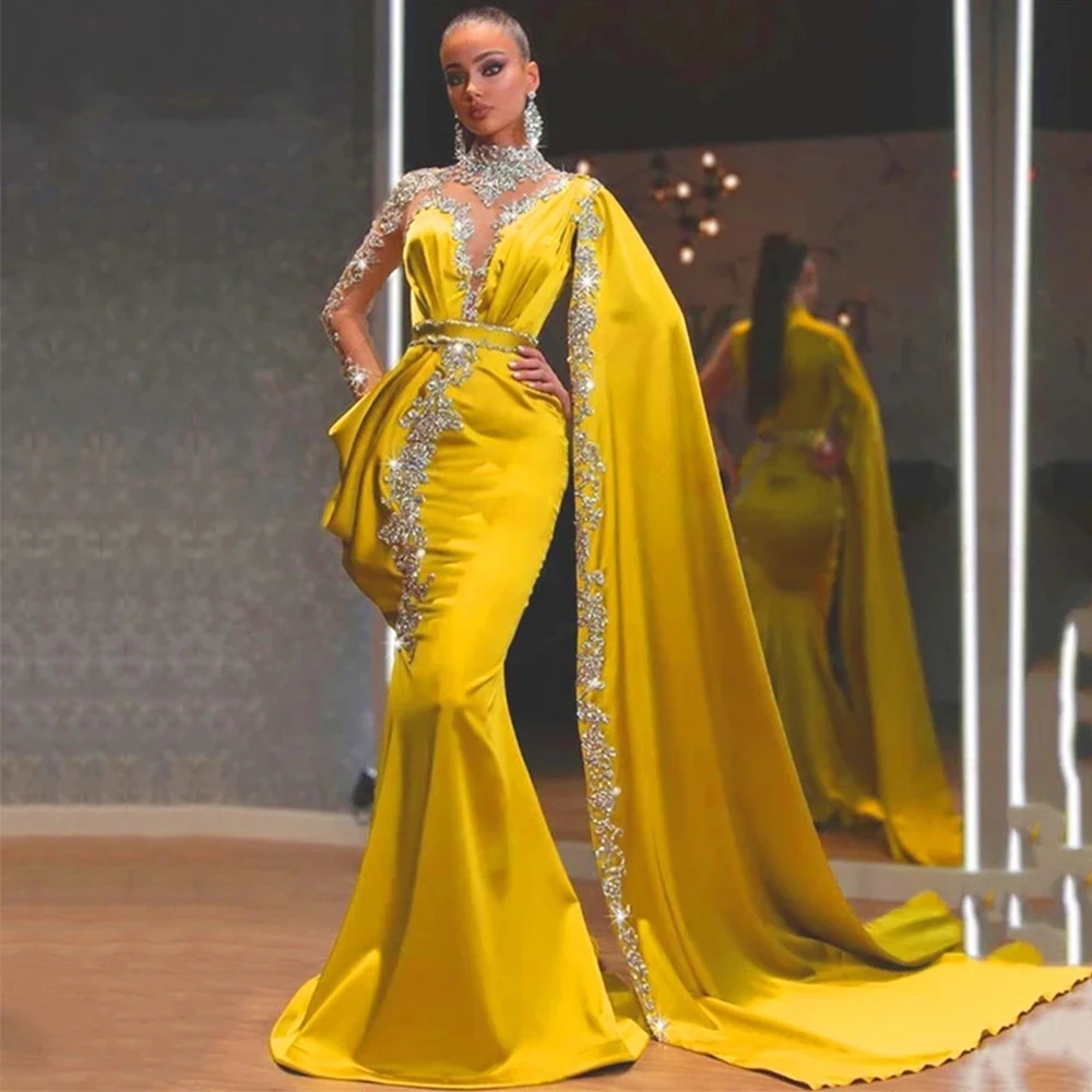 Gorgeous Gold Evening Dresses Mermaid Sheer Appliques Beads High Neck Long Sleeves Prom Gowns with Shawl Vestidos De Noche