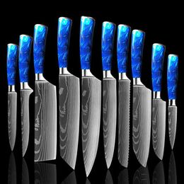 Keuken LNIFE Set 10 stuks Chef LNIFE Professionele Japanse 7CR17 roestvrij staal Laser EAMASCUS LNIFE Sharp Santoku blauwe hars H311g