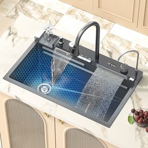 Kitchen Sink Stainless Steel Double Waterfall Single Slot Integrated Digital Display Faucet Set Kitchen Accessories Cup Washer