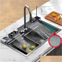 Spoelbakken Digitaal display Watervalgootsteen Roestvrijstalen keuken Grote enkele Modern Intelligent Mtifunctioneel Drop Delivery Home Dhi2V