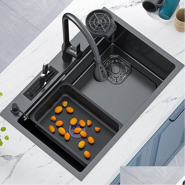 Éviers de cuisine Évier de cuisine Nano 304 lavabo domestique en acier inoxydable grande fente unique avec porte-couteau au-dessus du comptoir/sous plan D Dhlqy