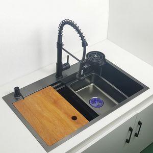 Spoelbakken Mat Zwart Nano Sink Bovenbouw Wastafel met snijplank 304 RVS Enkele zwarte gootsteen 230616