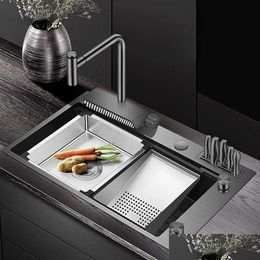 Spoelbakken Nano Black Step Kitchen Sink Sus 304 roestvrij staal 4 mm dikte Handgemaakt Boven Mount Waterval Kraan Drop Delivery H Dh4Tm