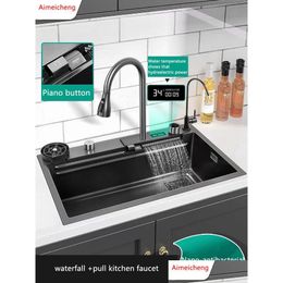 Éviers de cuisine Évier cascade en acier inoxydable Topmount Grand lavabo à fente unique avec robinet tactile Mtifunction 230616 Drop Delivery Dh4M6