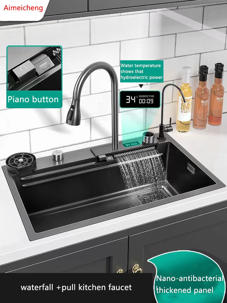 Kitchen Sinks Waterfall Sink Stainless Steel Topmount Stort Single Slot Wash Basin With Multifunction Touch Faucet 230616