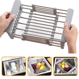 Keuken Roestvrijstalen gootsteen Afvoerrek 304 Schotel Droogrek Schotel Insert Storage Organizer Fruit Groente Drainer Mand 211215