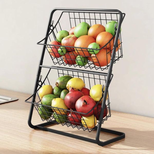 Almacenamiento de cocina, estantes de hierro de 2 capas para condimentos de frutas, cestas de verduras de pie de escritorio negras y empalme de estante de encimera