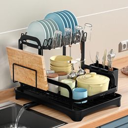 Support de séchage de vaisselle à 2 niveaux, rangement de cuisine, support de planche à découper, bol de vidange rétractable à 360 degrés, étagère de vidange pour comptoir