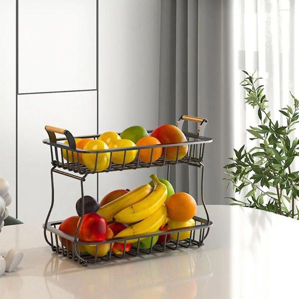 Almacenamiento de la cocina Cesta de frutas de 2 niveles Tazón desmontable con mango de madera pan vegetal bocadillos de metal rectangular
