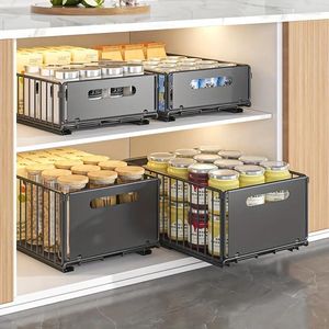 Storage de cuisine 2pcs Sortez-vous Organisateur Iron sous Évier Ensemble étagères d'armoire de traction à plusieurs niveaux avec panier en fil coupé