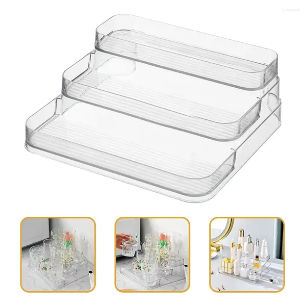 Almacenamiento de cocina, caja de 3 niveles, portavasos escalonado transparente, estante para el cuidado de la piel, organizador de gabinete para mascotas