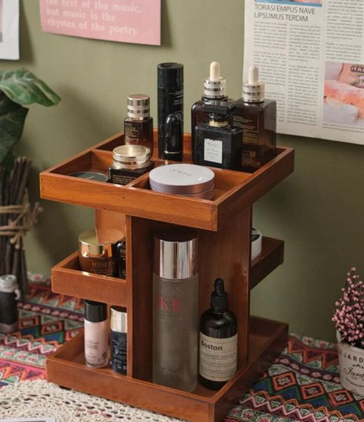 Boîte de rangement de cuisine en bois, Rotation à 360 degrés, boîte de maquillage, commode de bureau, soins de la peau, rouge à lèvres, organisateur d'étagères