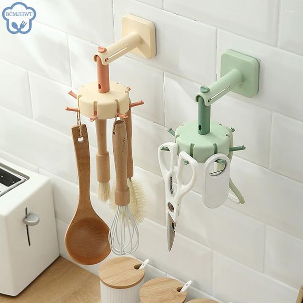 Almacenamiento de cocina, ganchos giratorios de 360 grados, autoadhesivo, 6 ganchos para puerta de pared del hogar, bolso, corbatas para ropa, perchero para colgar bolsas