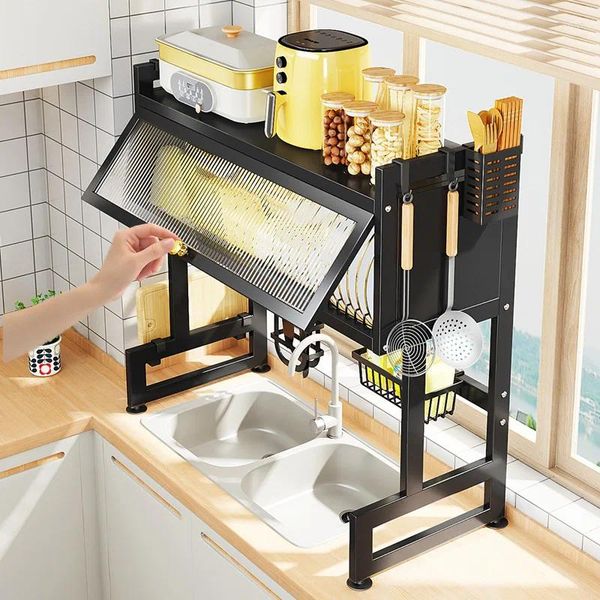 Rangement de cuisine 65-105cm, support de séchage de vaisselle réglable avec comptoir de porte, Construction en acier au carbone pour l'organisation au-dessus de l'évier