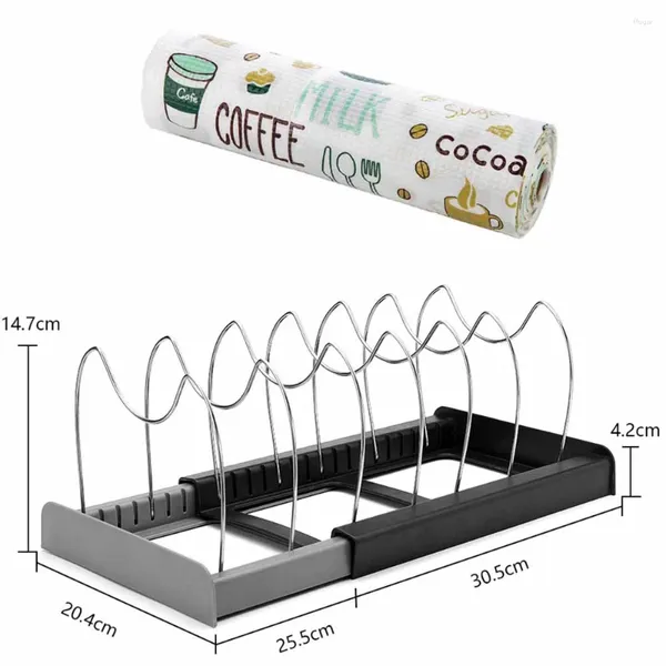 Almacenamiento de cocina, 7 piezas de alambre de acero, estante para tapas de ollas, estera impermeable, ollas y soporte para gabinete, estante, organizador de platos retráctil