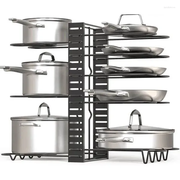 Rangement de cuisine à 8 niveaux, organisateur de casseroles et poêles réglables, 3 méthodes de bricolage, support de couvercles en métal robuste pour