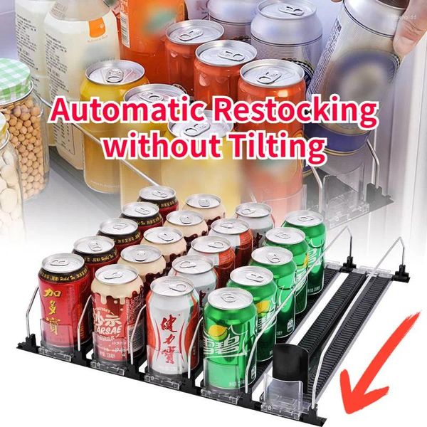 Plateau de rangement automatique de boissons dans la cuisine, pour réfrigérateur domestique, support à poussée en ABS, organisateur de boissons réglable